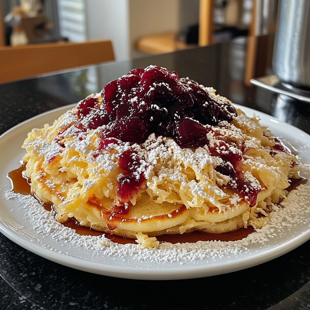 Fluffy Shredded Pancake with Plum Compote