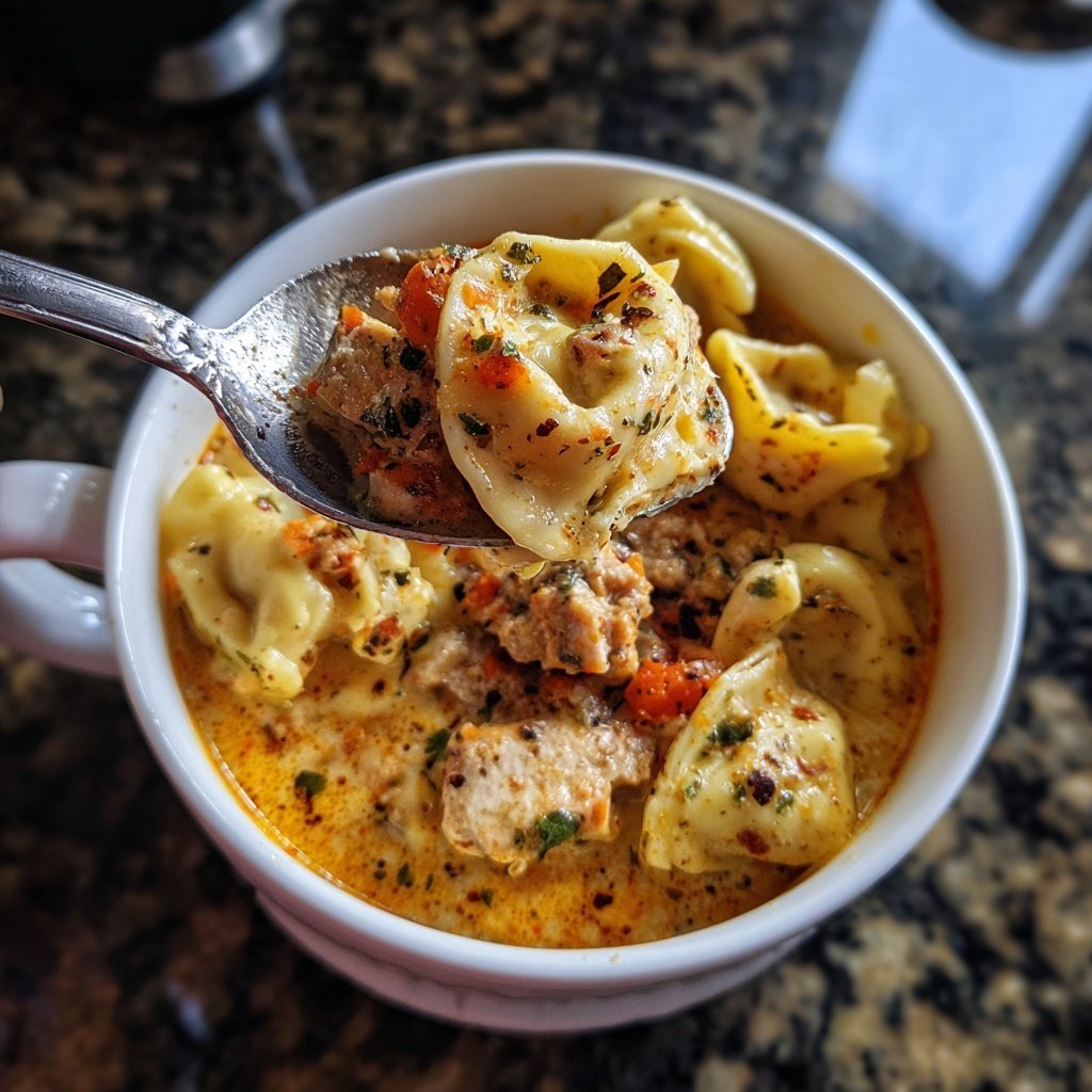 Romige tortellini soep met Italiaanse worst