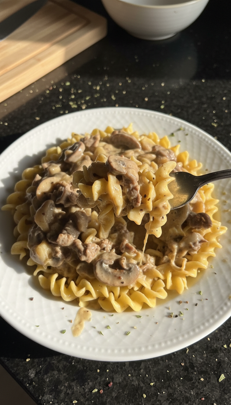 Beef Stroganoff Over Noodles